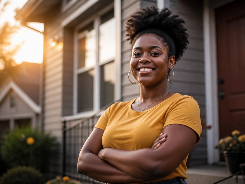 A confident young woman standing proudly outside her home