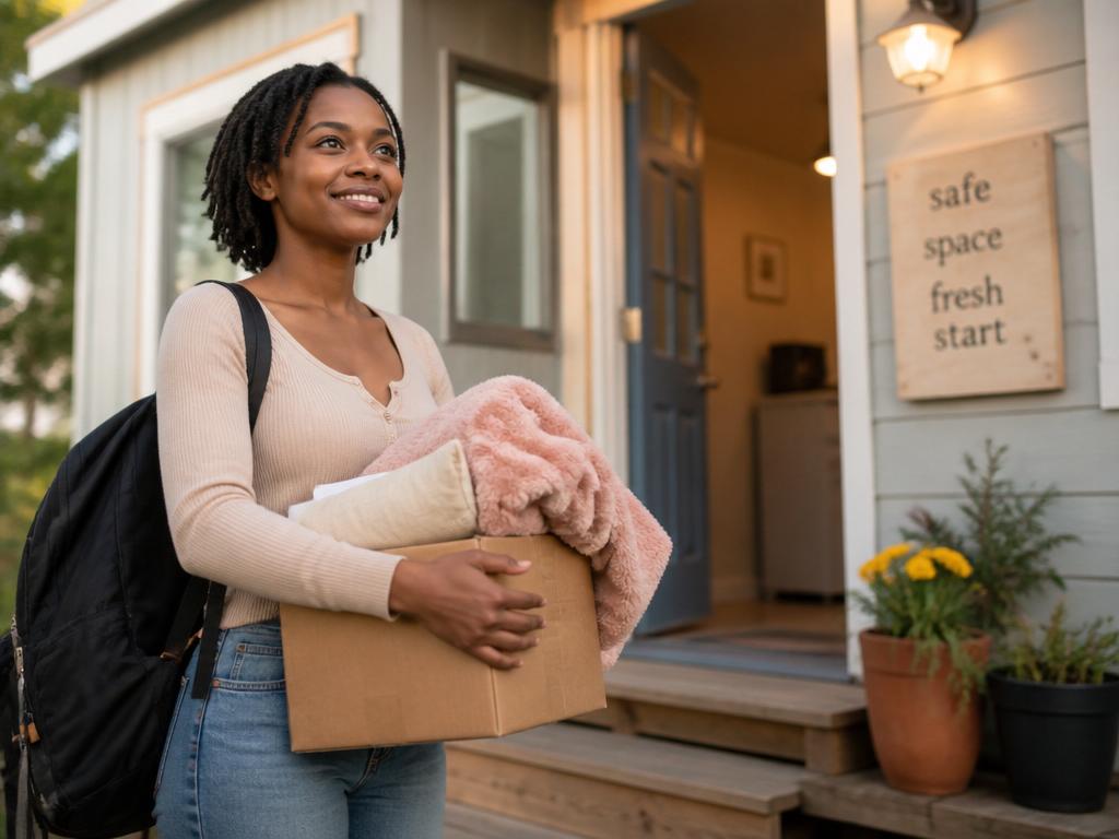 A young woman arriving at safe, welcoming transitional housing