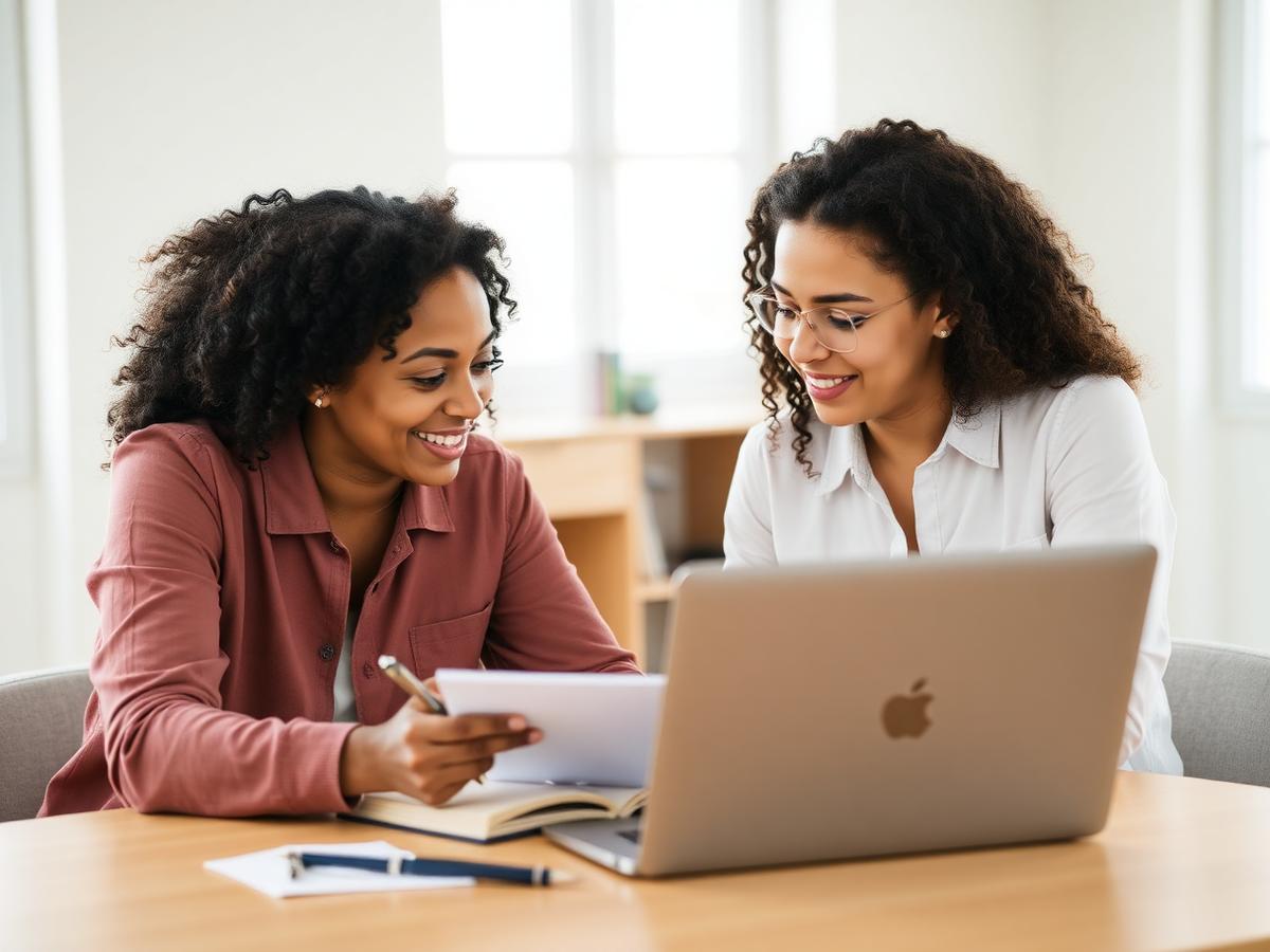 A mentor supporting a young woman as they review plans together