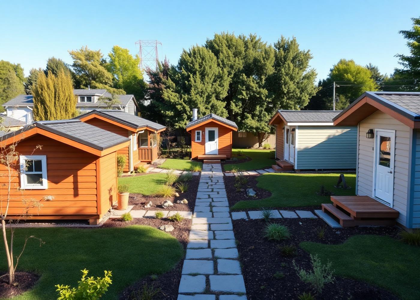 A welcoming tiny home community with cozy houses around a green courtyard